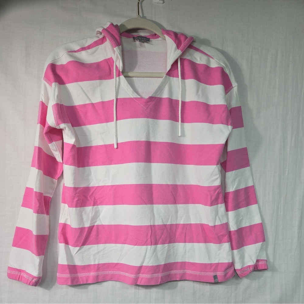 T by Talbots Pink White Striped Hooded Pullover Top Women's Small Petite Stretch